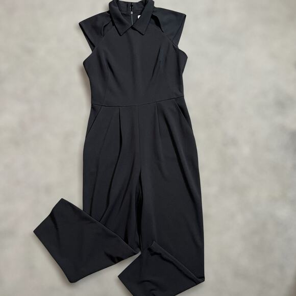 Calvin Klein Jumpsuit 10 Womens Black Cutout Collared Tapered Crop Cap Sleeve - Picture 1 of 11